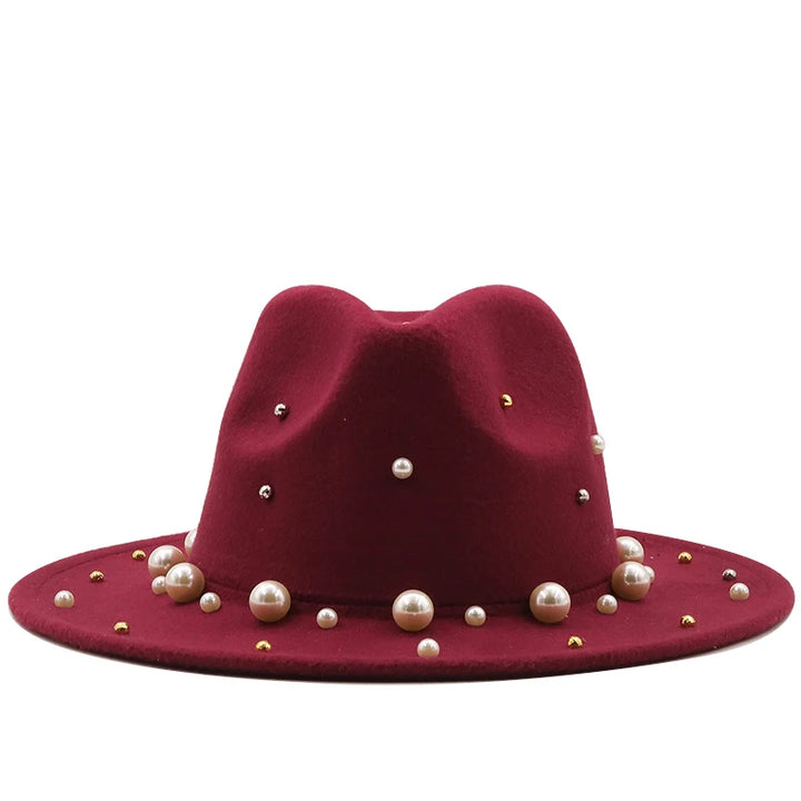 New Women Men Wool Fedora Hat With Big Pearl  Gentleman Elegant Lady Winter Autumn Wide Brim Church Panama Sombrero Jazz Cap