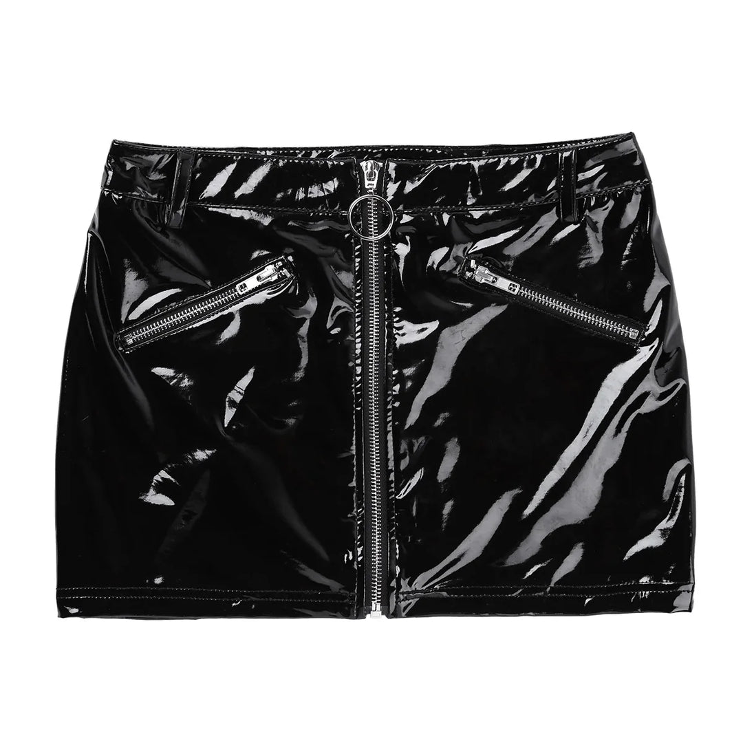 Women Shiny Stretchy Black Faux Leather Skirt Y2k Clothes Street Style Bottoms 2000s Aesthetic Bodycon Mini Skirts Sexy Clubwear