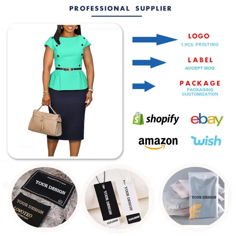 C8635 Trendy Summer Dress Women Casual Elegant Short Sleeve Color Block Office Lady Career Dress African Dresses for Women