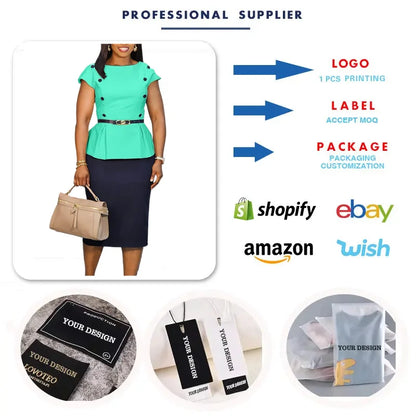 C8635 Trendy Summer Dress Women Casual Elegant Short Sleeve Color Block Office Lady Career Dress African Dresses for Women