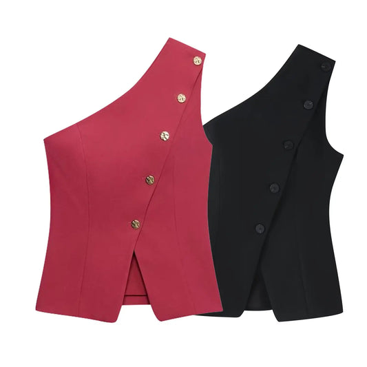 SHENZHU 2026 Summer New Arrival Women's Fashionable Simple Asymmetrical Button-Down Sleeveless Vest 1608050 1608150