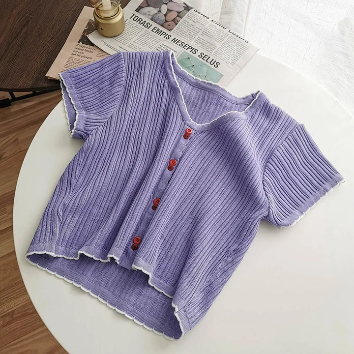V-neck Single Breasted Summer Short Sleeve Knitting Shirt Women&