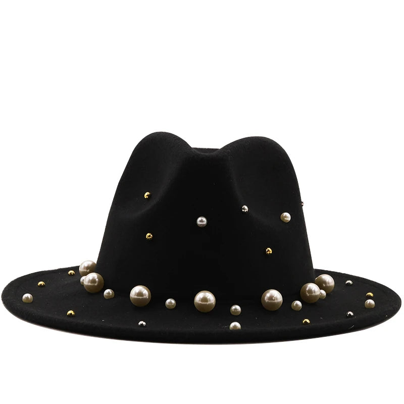 New Women Men Wool Fedora Hat With Big Pearl  Gentleman Elegant Lady Winter Autumn Wide Brim Church Panama Sombrero Jazz Cap