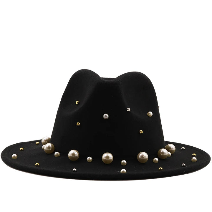 New Women Men Wool Fedora Hat With Big Pearl  Gentleman Elegant Lady Winter Autumn Wide Brim Church Panama Sombrero Jazz Cap