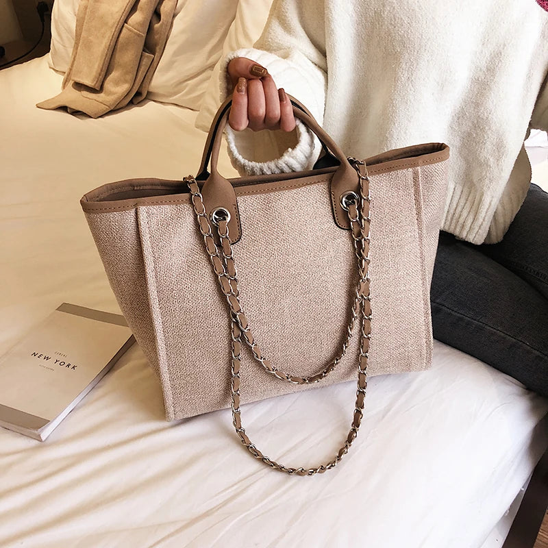 Women Tote Bags Fashion Canvas Large Capacity Handbag Casual Chains Shoulder Bags Ladies Big Messenger Bag Shopping Bag