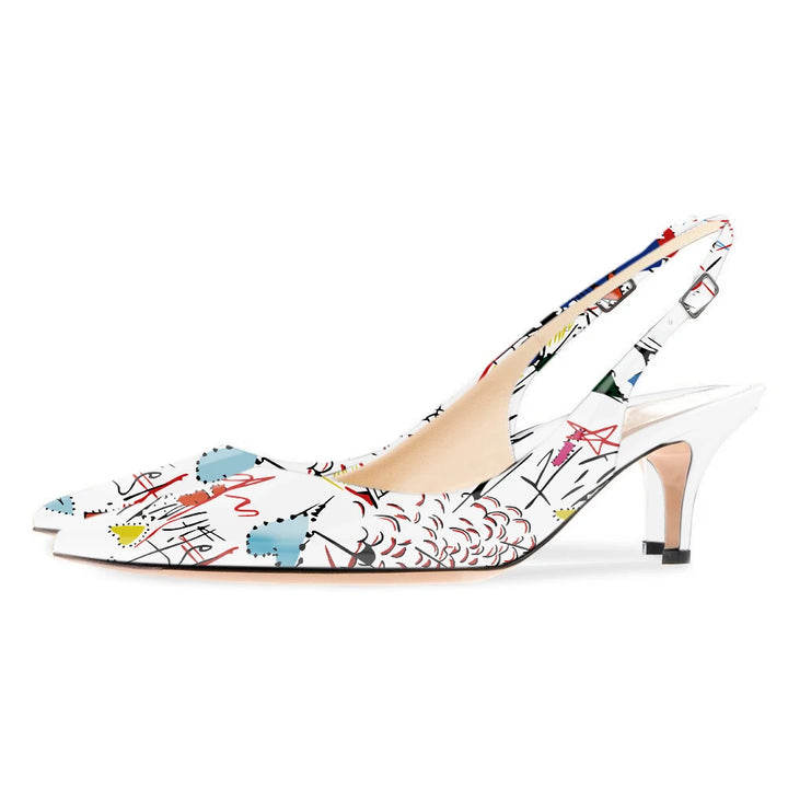 Onlymaker Women Pointed Toe Slingback Sandals Ankle Strap Kitten Heels Party Wedding Graffiti Shoes 6.5CM Pumps