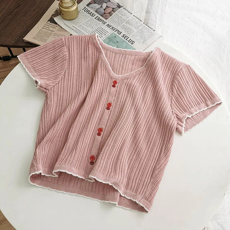 V-neck Single Breasted Summer Short Sleeve Knitting Shirt Women&