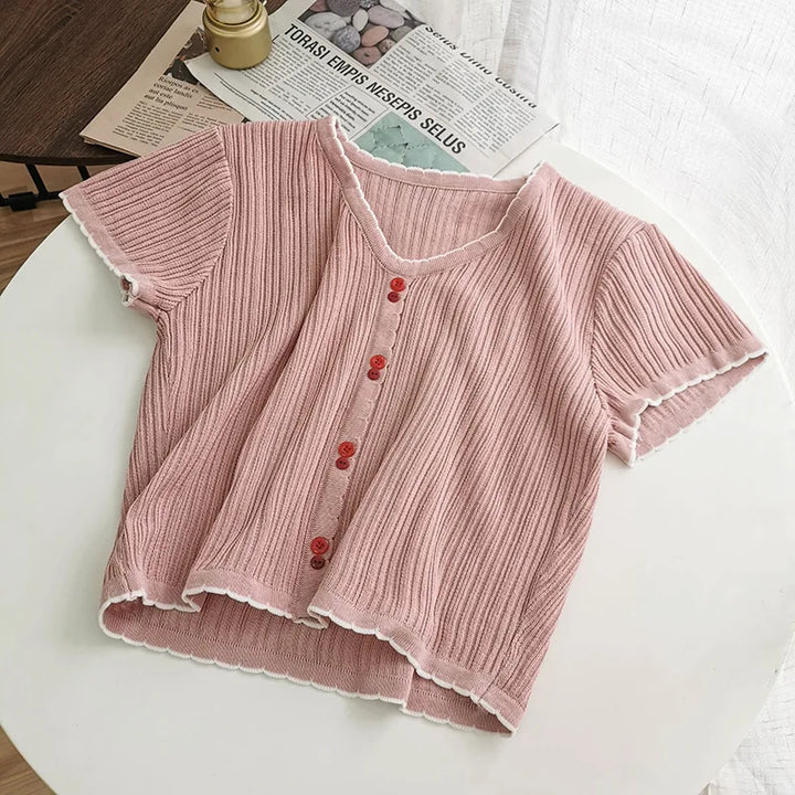 V-neck Single Breasted Summer Short Sleeve Knitting Shirt Women&