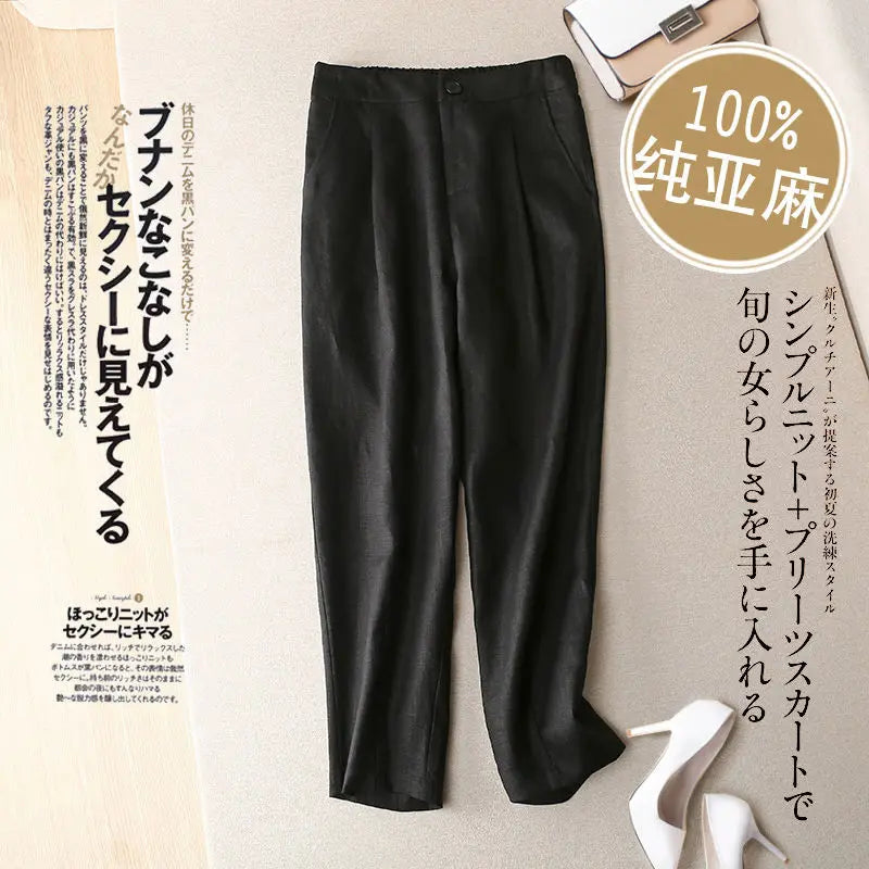 Women Linen Pants Summer New Casual High Waist Cotton Linen Pants Female Casual Loose Draped Cropped Straight Harem Trousers