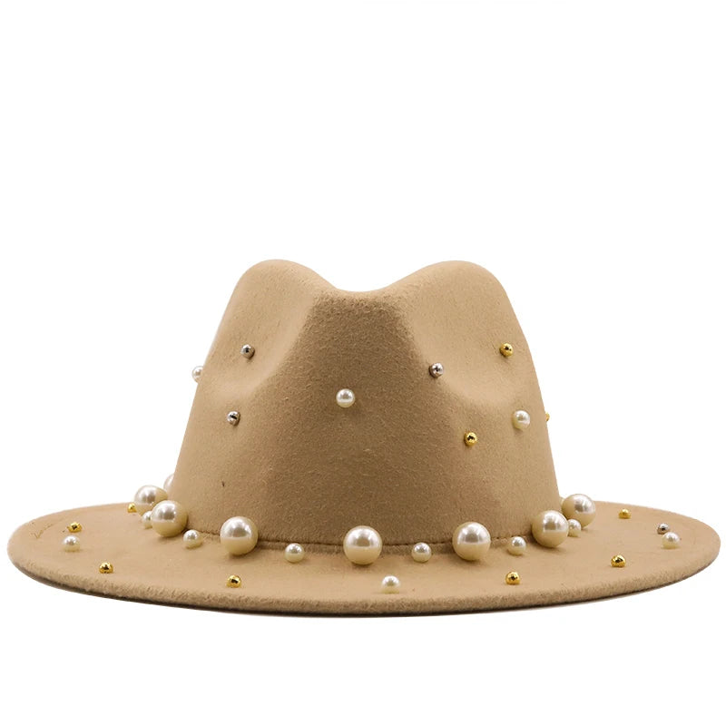 New Women Men Wool Fedora Hat With Big Pearl  Gentleman Elegant Lady Winter Autumn Wide Brim Church Panama Sombrero Jazz Cap
