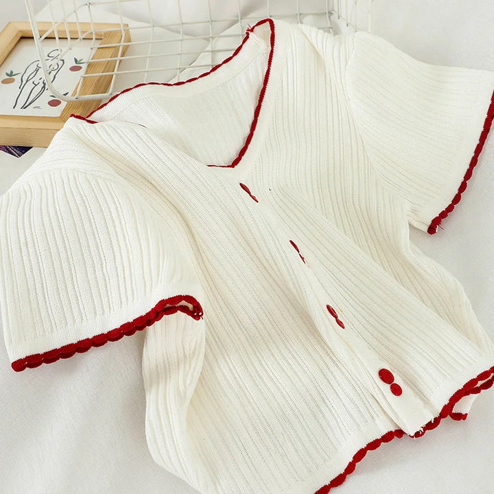 V-neck Single Breasted Summer Short Sleeve Knitting Shirt Women&