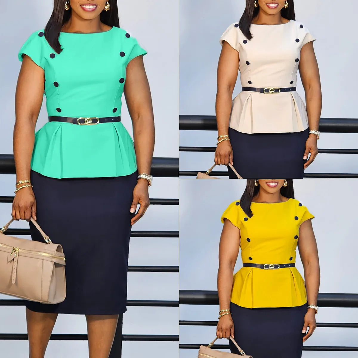 C8635 Trendy Summer Dress Women Casual Elegant Short Sleeve Color Block Office Lady Career Dress African Dresses for Women