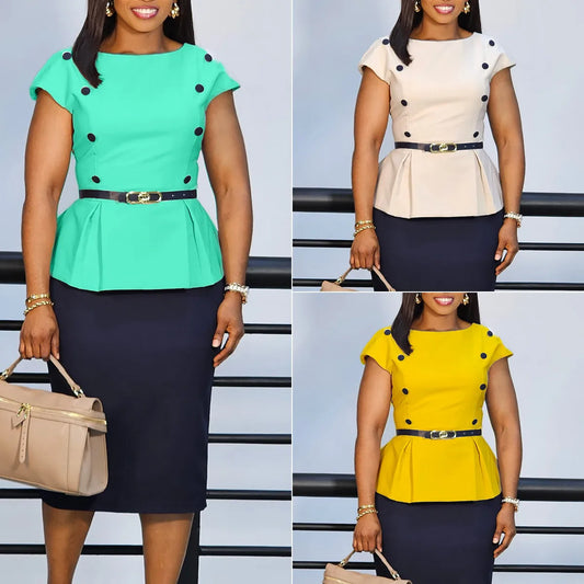 C8635 Trendy Summer Dress Women Casual Elegant Short Sleeve Color Block Office Lady Career Dress African Dresses for Women