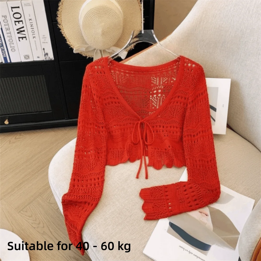 Fashion Hollow Out Knitted Cardigan Thin V-Neck Sun-Proof Tops Long Sleeve Casual Outwear Summer