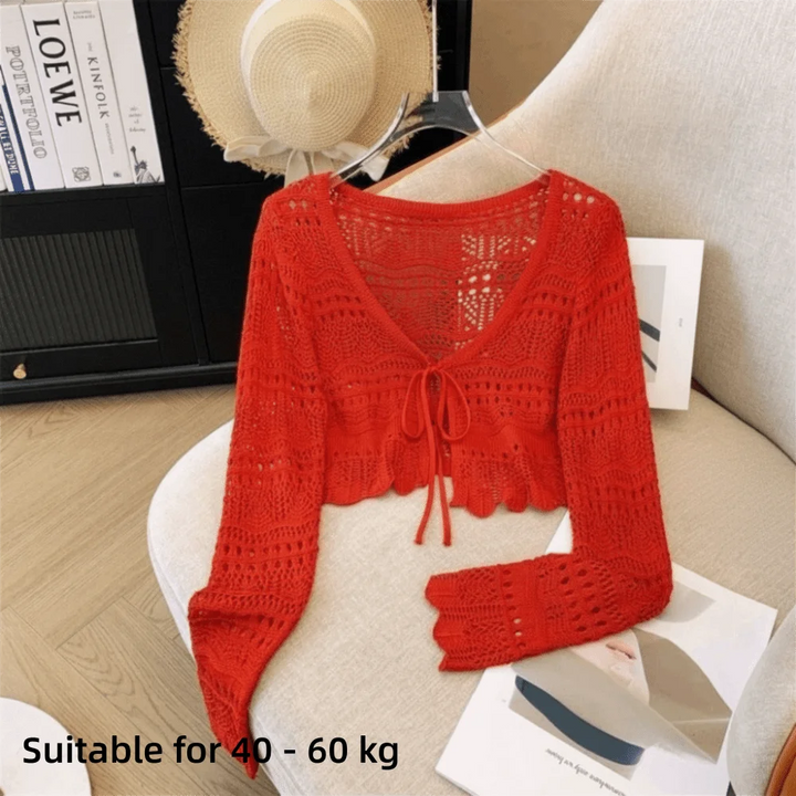 Fashion Hollow Out Knitted Cardigan Thin V-Neck Sun-Proof Tops Long Sleeve Casual Outwear Summer