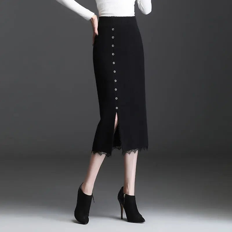 Women Knit Midi Skirt Button Decor Front Slit Lace Hem High Waist Straight Mid Length Skirt