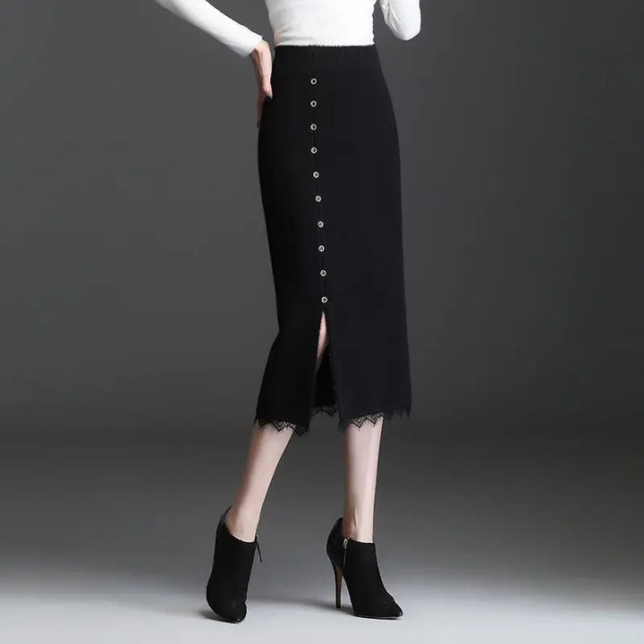 Women Knit Midi Skirt Button Decor Front Slit Lace Hem High Waist Straight Mid Length Skirt