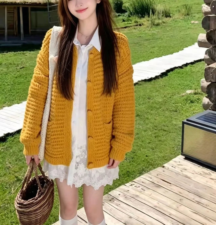 Women Knit Cardigan Long Sleeve Button Down Loose Casual Outerwear With Pockets