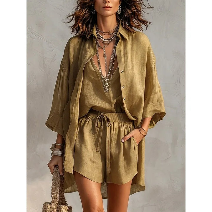 Women Lapel Three Quarter Sleeve Shirt Cami Top Drawstring Shorts 3 Piece Linen Outfit Casual Vacation Matching Set