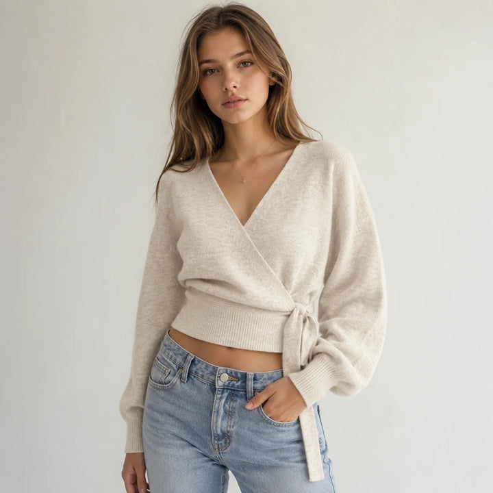 Knit Sweater Women V Neck Pullover Sweaters Long Sleeve Elegant Sweater Lace Up Long Sleeve Sweater Autumn Winter Knitwear Top