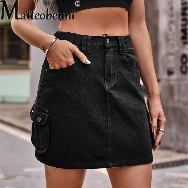 Fashion Half Straight Denim Short Skirt Women Summer Daily Casual Elastic Waist Button Splice Pocket Commuter Female Streetwear