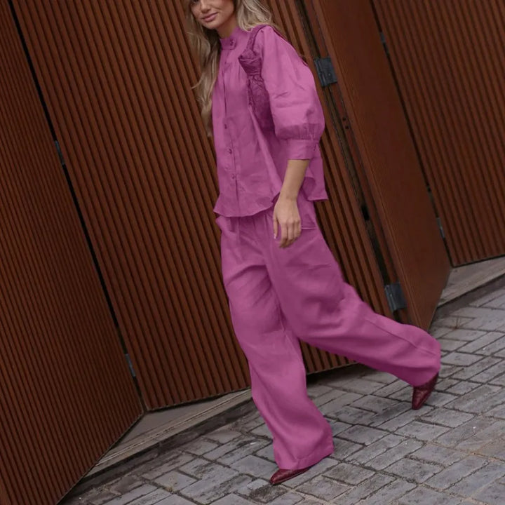 Women Solid Linen Two Piece Matching Set Stand Collar Button Down Shirt Drawstring Wide Leg Pants Casual Holiday Office Outfit