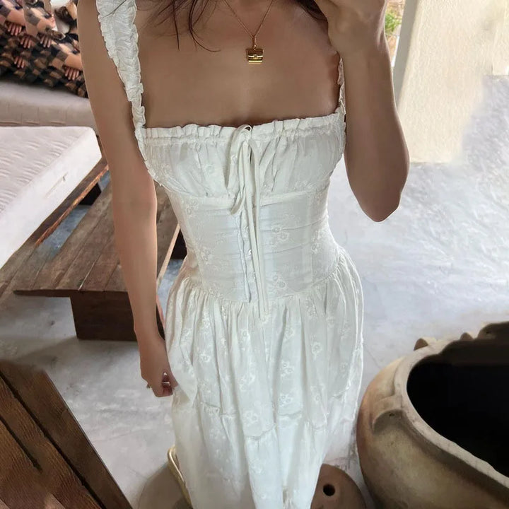 White Square Collar Maxi Dress for Women Fashion Ruffles Lace-Up High Waisted Long Dresses Summer Holiday Suspender Beach Dress