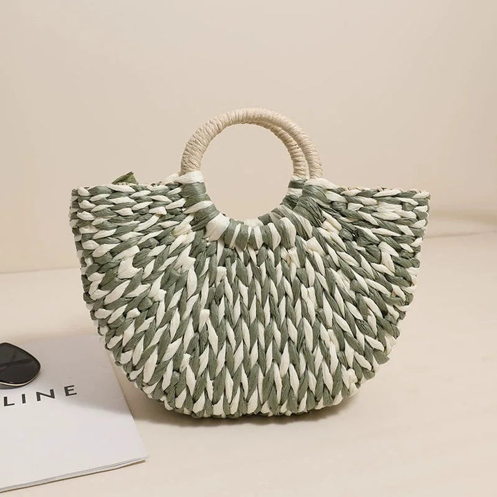 TOPHIGH Women Straw Tote Bag Large Capacity Luxury Designer Woven Bag Color Clash Semicircle Weaving Bag Summer Beach Handbag