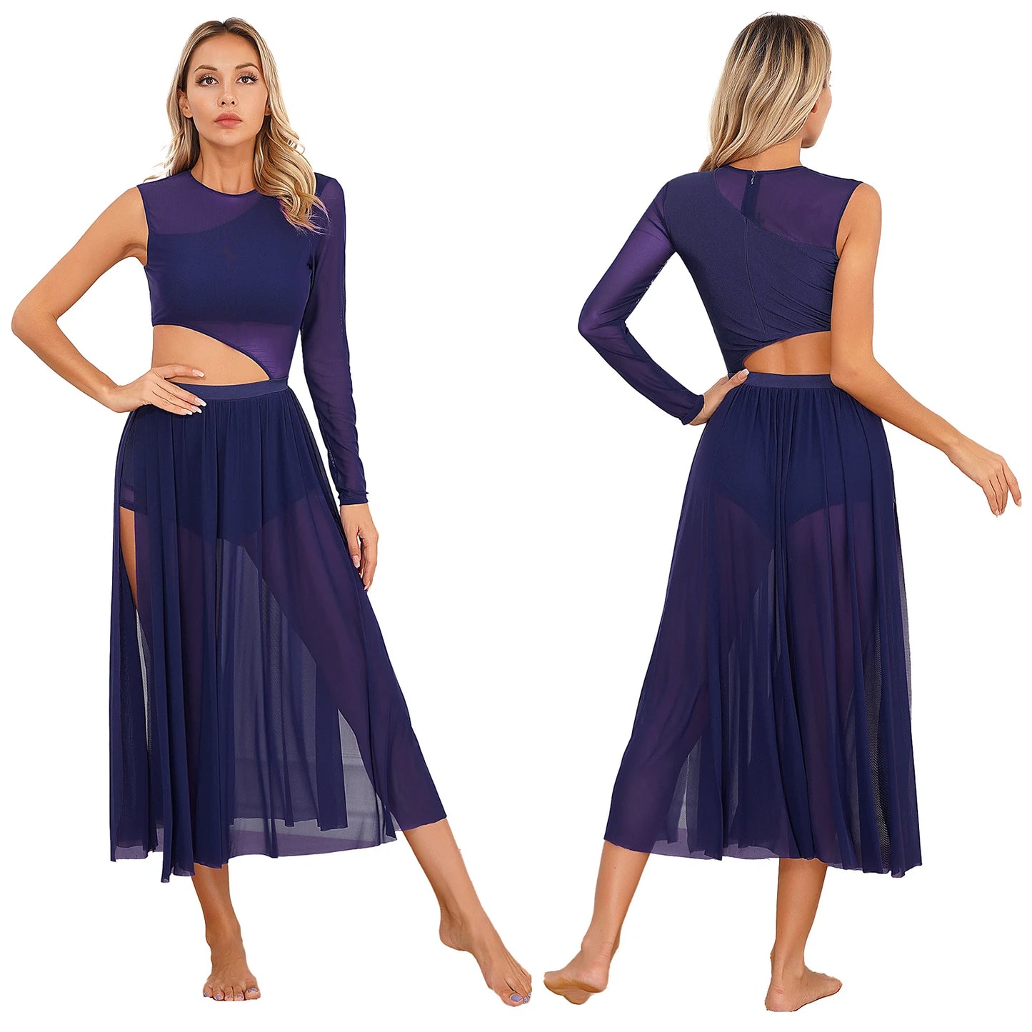Womens Modern Lyrical Contemporary Dance Costume Cutout Round Neck Dress Side Split Sheer Mesh Dresses Performance Outfits