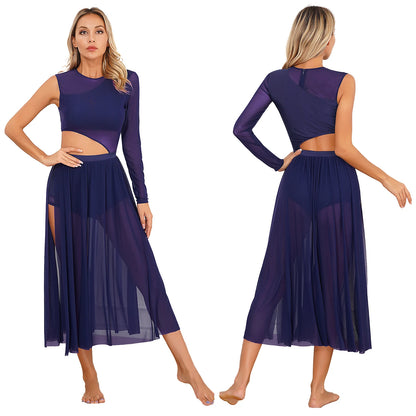 Womens Modern Lyrical Contemporary Dance Costume Cutout Round Neck Dress Side Split Sheer Mesh Dresses Performance Outfits