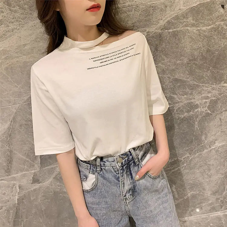 Off-the-shoulder T-shirt Women Short Sleeve 2025 Summer New Korean Version Loose Off-shoulder Short Sleeve Top