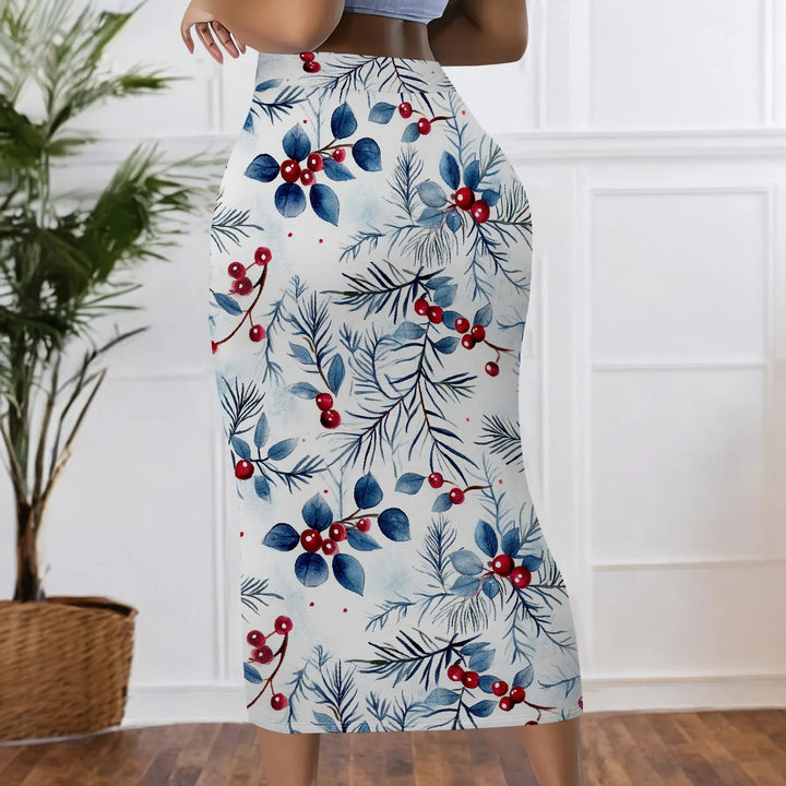 Floral Print Pencil Skirt, Red Berry Leaf Pattern Midi Skirt, High Waist Bodycon Skirt for Women Office Party Wear S-2XL
