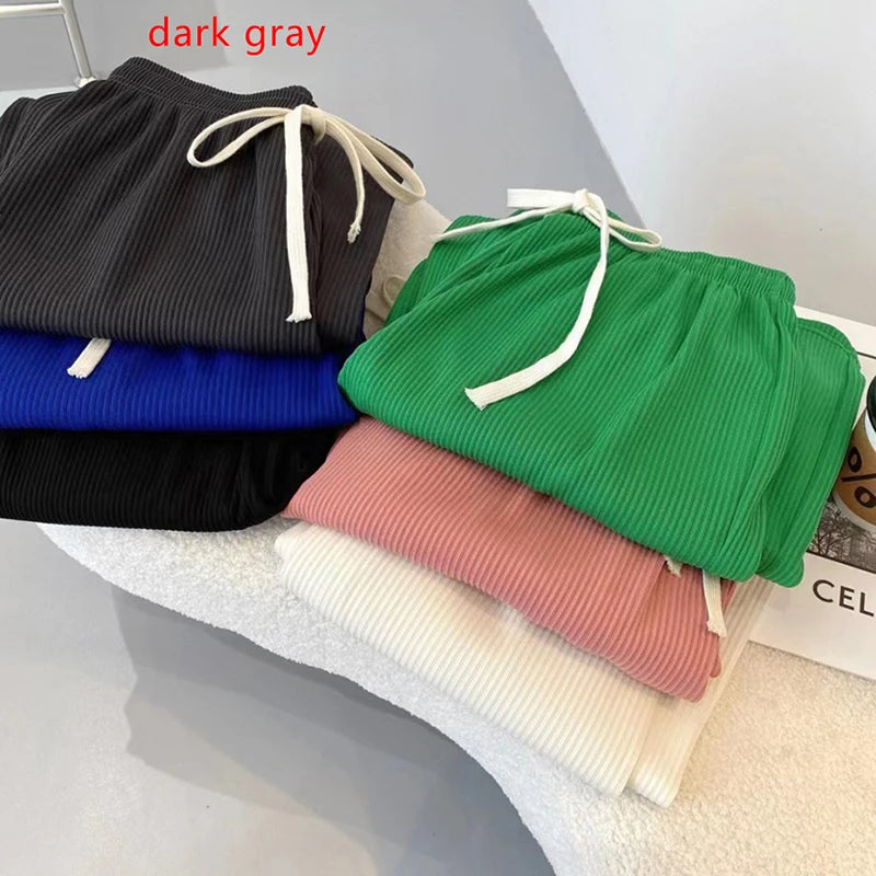 Women High Stretch Waist Wide Leg Pants Summer Drawstring Loose Long Rib Knitted Trousers