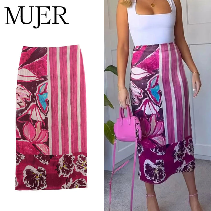 MUJER Print Satin Long Skirts for Women High Waist Midi Skirt Woman Summer Straight Women&