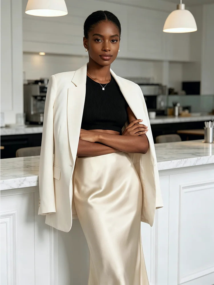 Minimalist Satin Midi Skirt  High Waist Bias Cut Flowy Hem Top for Office &amp; Casual Streetwear