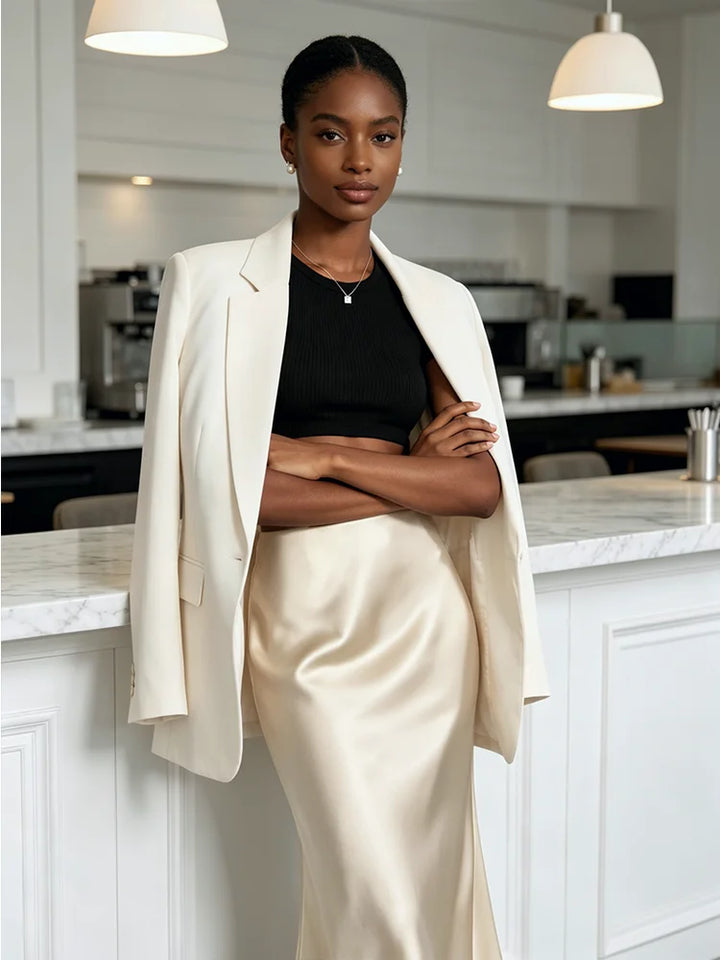 Minimalist Satin Midi Skirt  High Waist Bias Cut Flowy Hem Top for Office &amp; Casual Streetwear