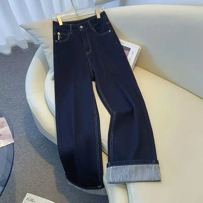 Women's Denim Jeans - Straight Leg with Striped Cuff Detail Classic Five-Pocket Design