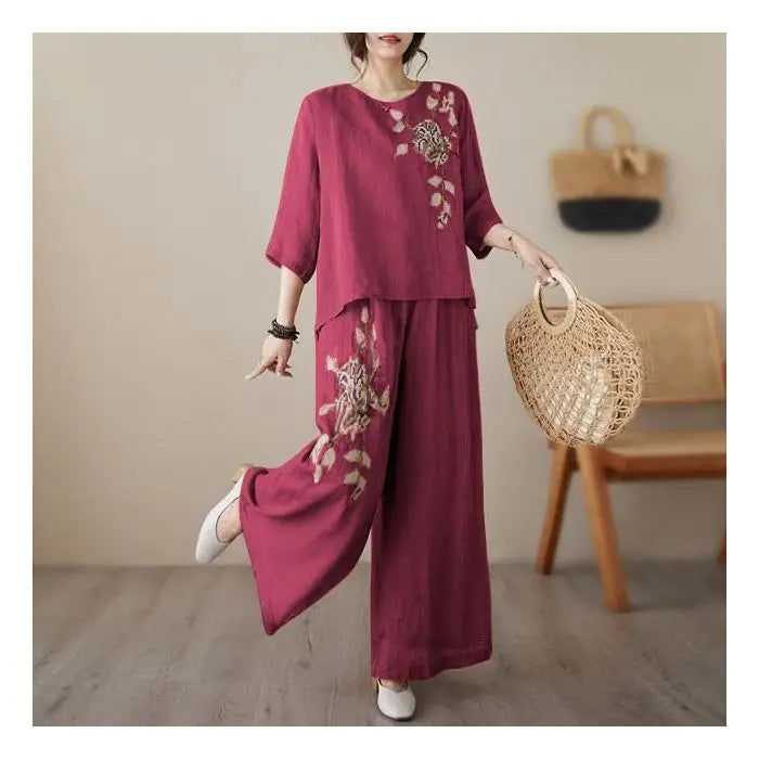 Linen Cotton Two Piece Set Women Embroidery Top Wide Leg Pants 2026 Summer Loose Fit Casual Mother Outfit for Daily Wear