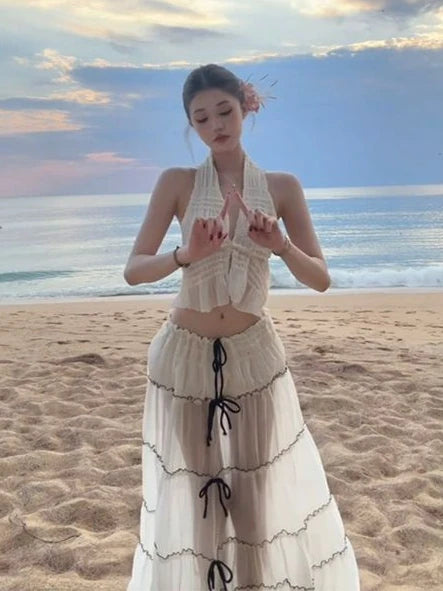 Women Boho Two Piece Set Halter Pleated Crop Top and Layered Maxi Skirt Drawstring Detail Slim Fit Suit Beach Summer Outfit 2025