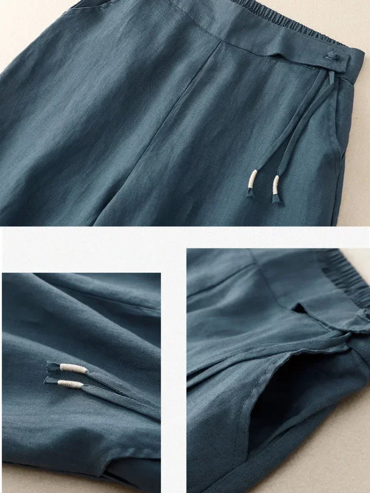 Women Elastic High Waist Cotton and Linen Casual Pants Retro Artistic Summer Wide Leg Pants Loose Straight Yellow Women&