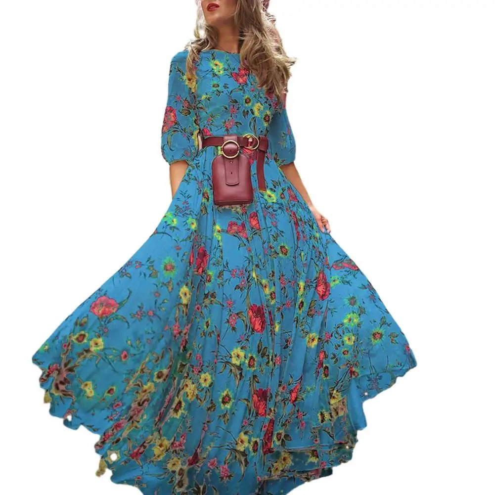 Slim-fitting Printed Dress Elegant Floral Maxi Dress for Women A-line Silhouette High Waist Design Half Sleeve Detail for Spring