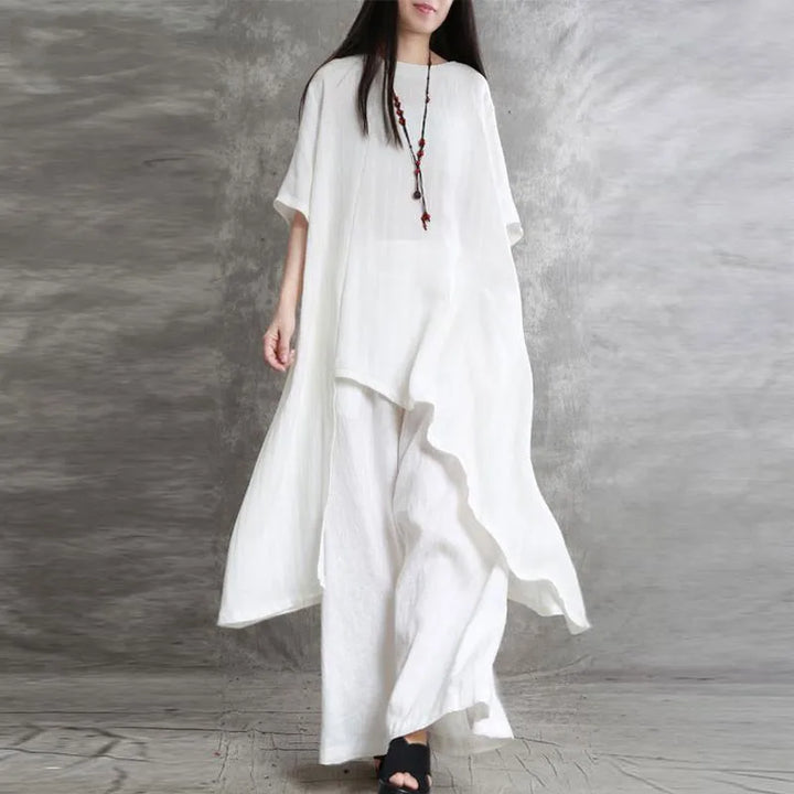 Women Cotton Linen Pant Sets 2 Pieces Casual Half Sleeve Solid Loose Blouse&amp;High Elastic Waist Wide Leg Full Trousers Suits