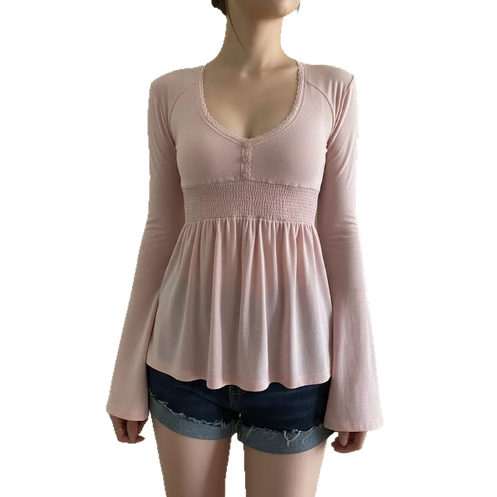 Navy V-neck Sexy Long Sleeve Tees Women Autumn New Streetwear Casual Lace-up Slim T-shirts Vintage Chic Sweet Babydoll Tops Y2K