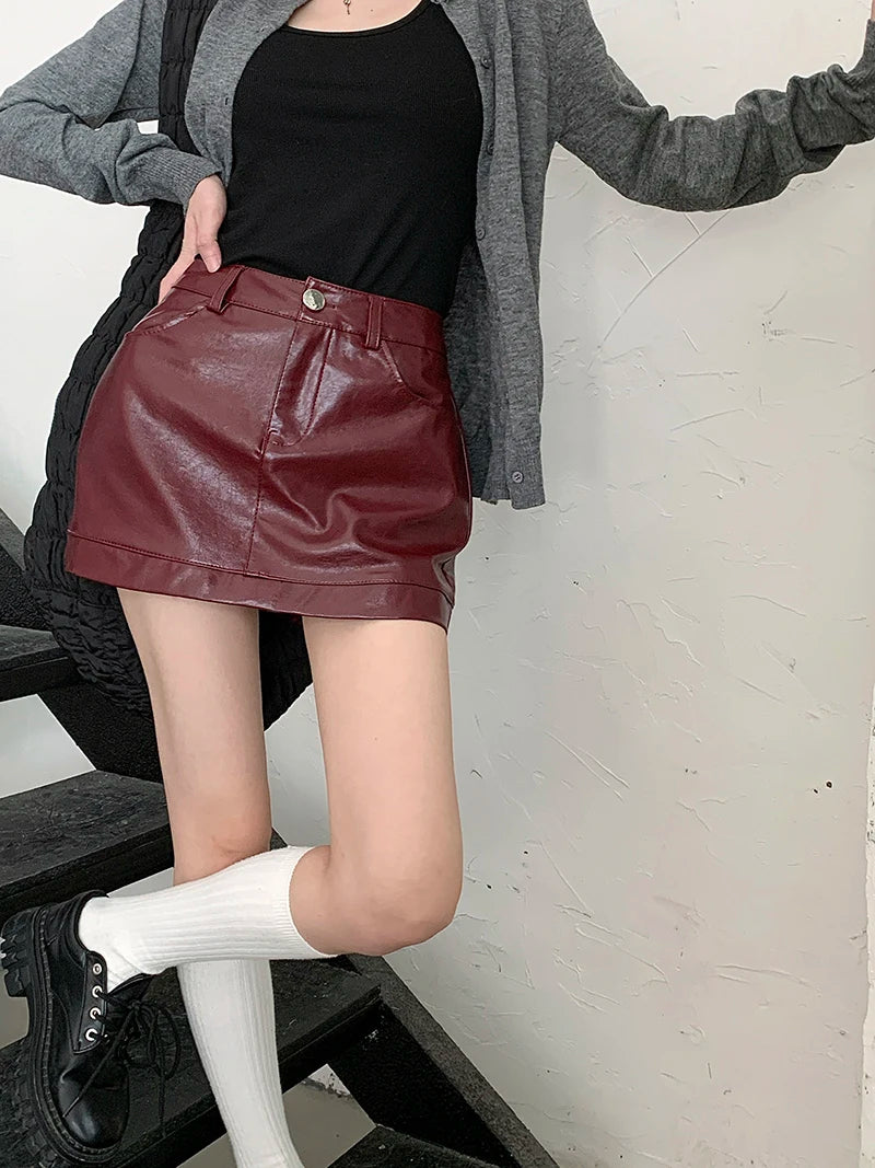 Wine Red PU Leather Mini Skirt Women Spring High Waist Slim A-Line Hot Girl Skirt Ins Spicy Burgundy Party Skirts Y2k Clothing
