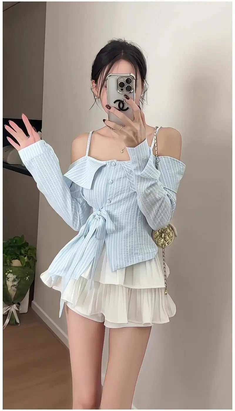 One-length Off-shoulder for Women in Spring Summer Irregular Waist-hugging Lace-up Top Trendy Pleated Skirt Suit