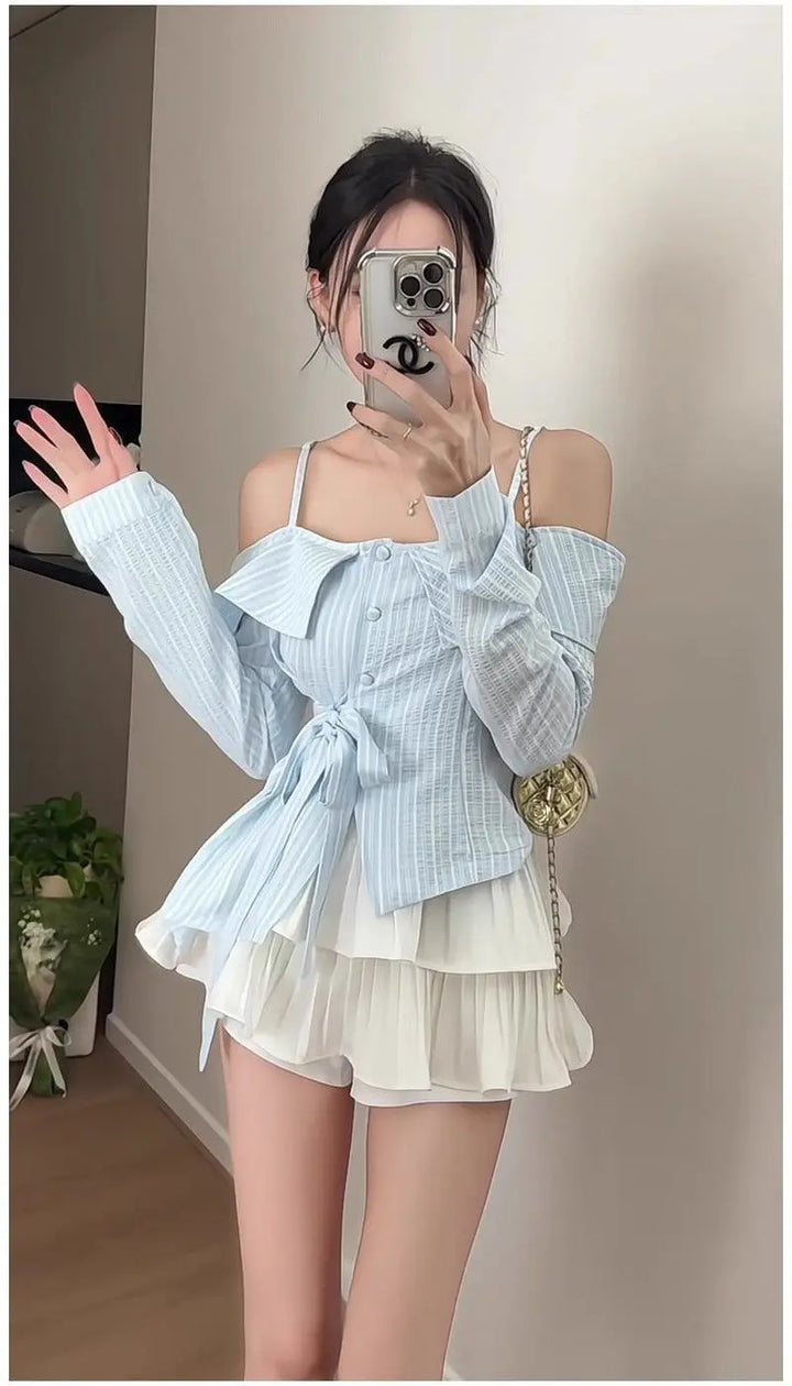 One-length Off-shoulder for Women in Spring Summer Irregular Waist-hugging Lace-up Top Trendy Pleated Skirt Suit