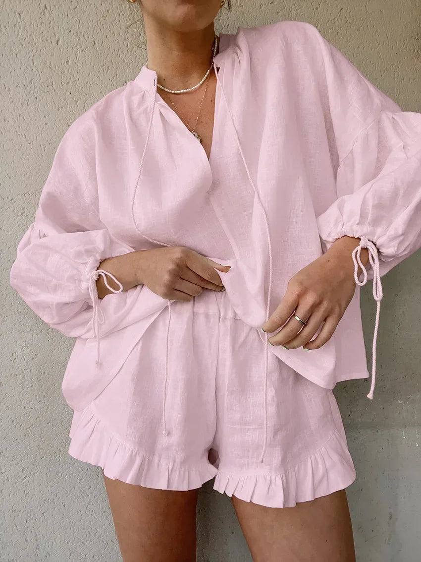 Women Cotton Linen Short Pants Sets Casual Long Sleeve Pullover with Shorts Loose Y2k Streetwear 2 Pieces Outfit Matching Sets