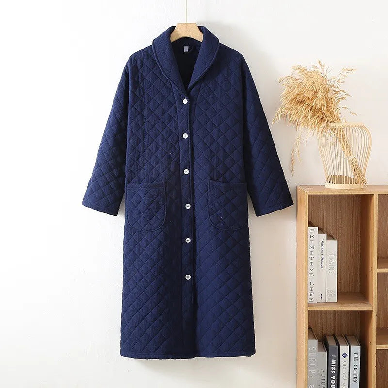 Autumn Winter Women Warm Cotton with Filler Robe Ladies Bathrobe Female Long Sleeve Dressing Gown Robes Simple Home Clothes