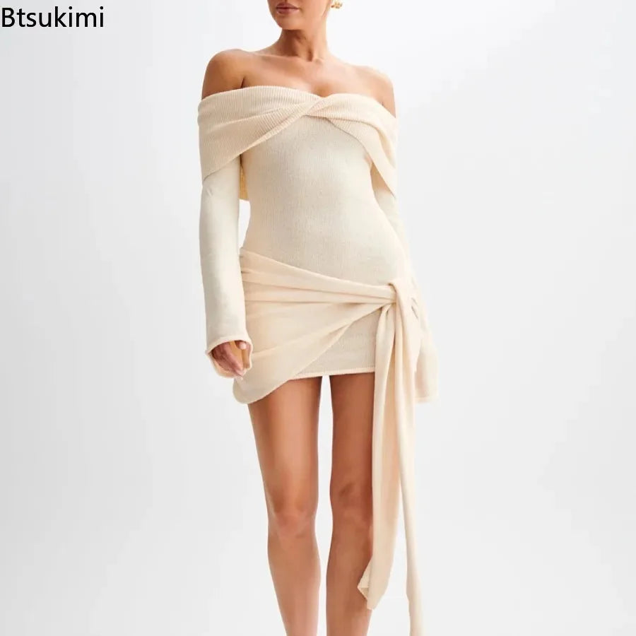 2026 Knitted Sweater Dresse for Women Fashion Lace-Up Off-Shoulder Mini Dress Solid Slim Patchwork Twist Ribbed Knitwear Dress
