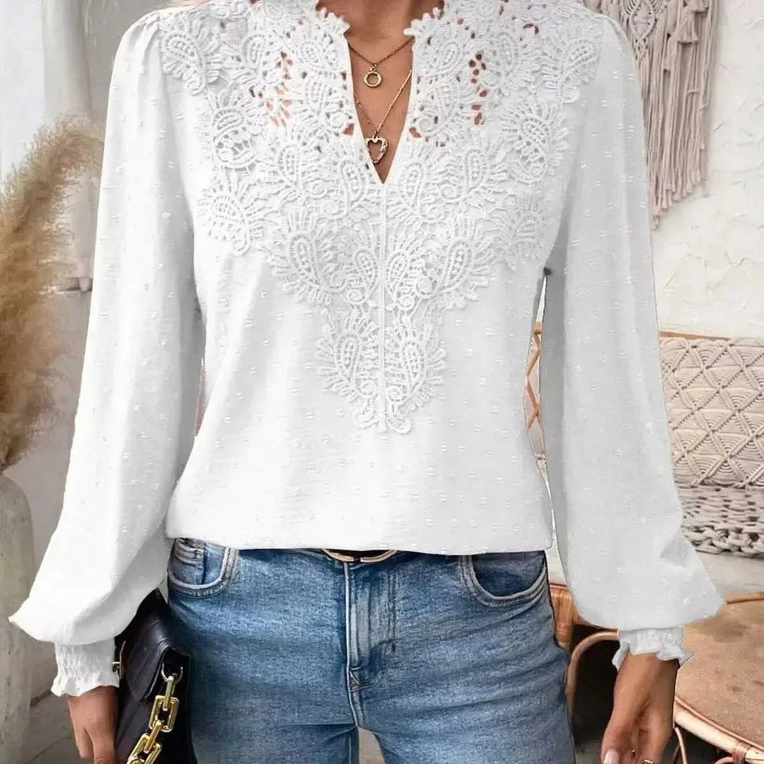 2026 New V-Neck Lace Splicing Long Sleeve Casual Shirt Women&